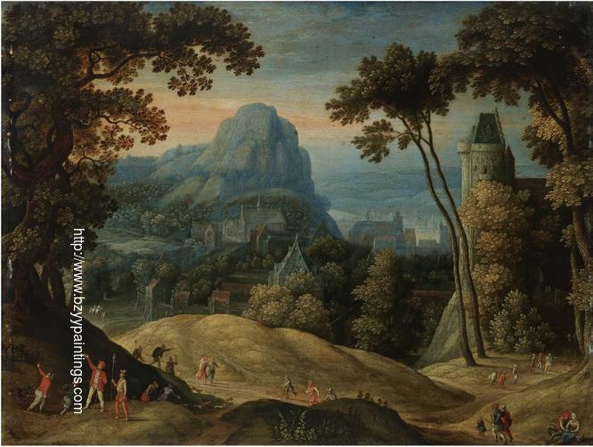 A Hilly Landscape With A Town In A Valley And A Castle
