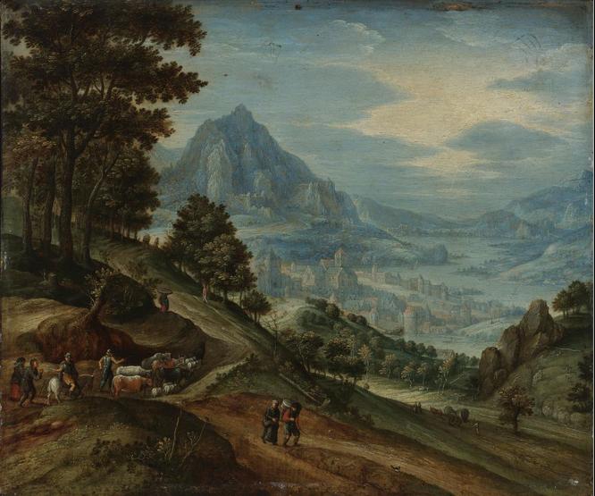 An extensive landscape with a wood distant mountains and a town on a river valley